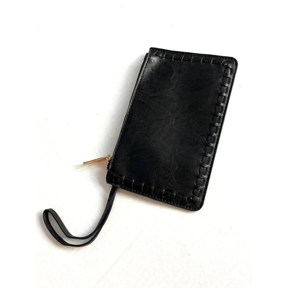 Small Black Onyx Golden Zipped Leather Card Wallet Wristlet Bag